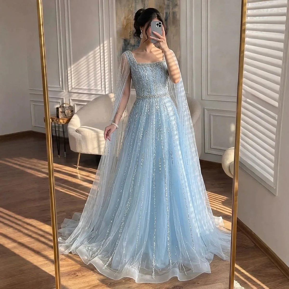 Zapdress Turquoise Square Collar Beaded Evening Dress with Cape Sleeves Dubai Pary Gowns for Women DLA73188 Customized (ZD17252)