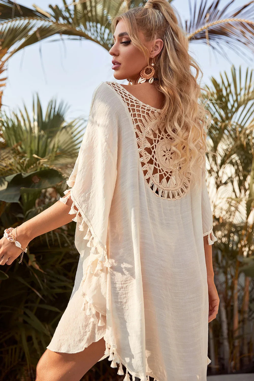 Off Shoulder Tassel Beach Smock Cover Up