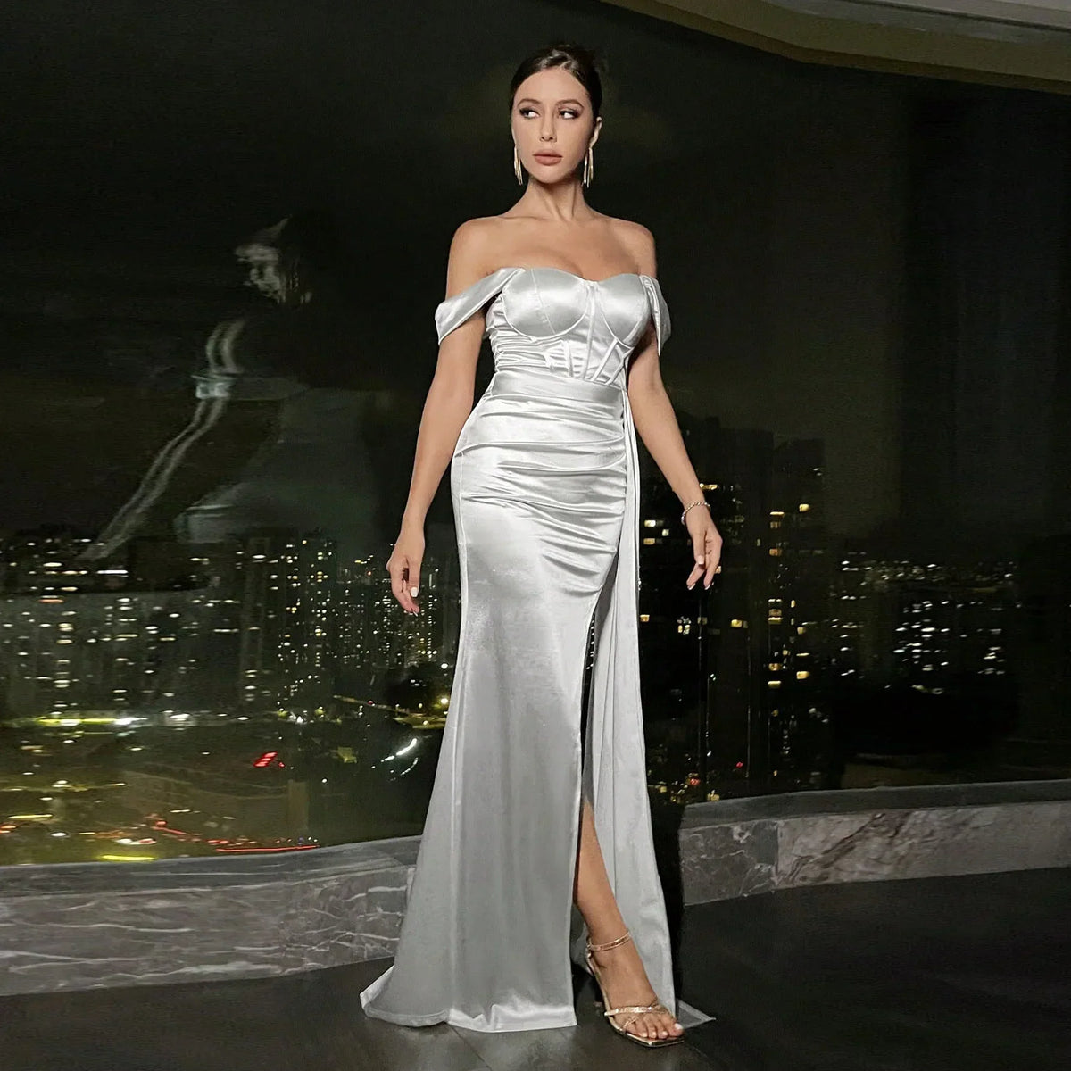 Off Shoulder Satin Mermaid Maxi Dress - View 5 | VelvetHem