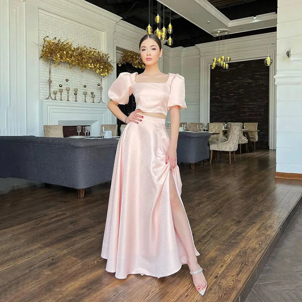 Pink Satin Evening Dresses Short Sleeves Two Pieces Prom Dresses Square Collar Prom Gowns Slit vestidos de novia As Picture