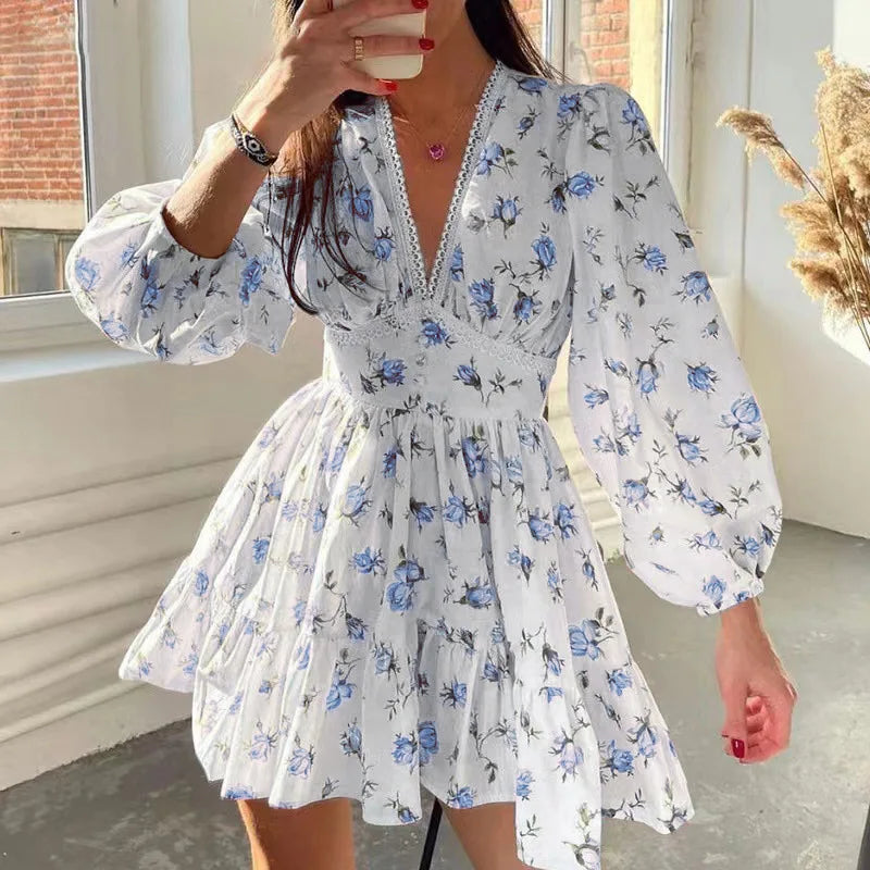V-neck Lace Edge Midi Floral Dress - View 4 | VelvetHem