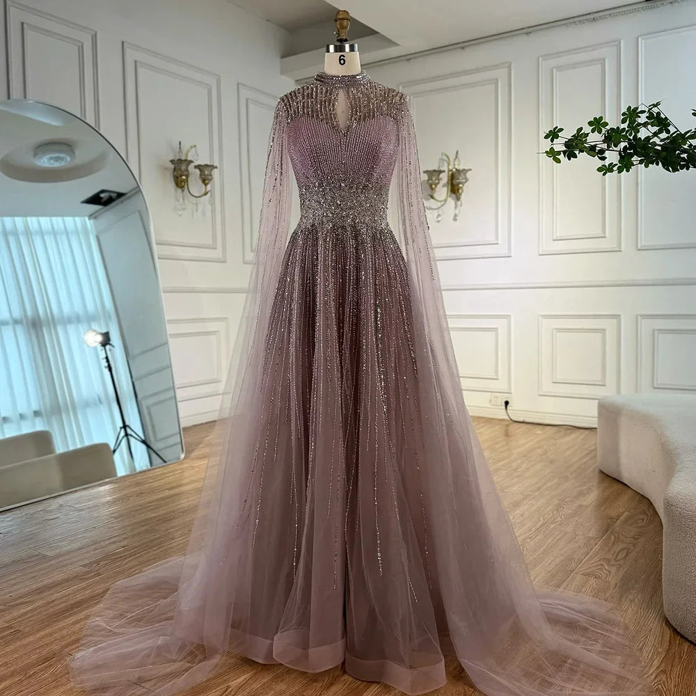 Elegant Modest Blue Beaded Evening Dress with Cape Sleeves Dubai Gown Zapdress 2025 Customized (ZD17239)