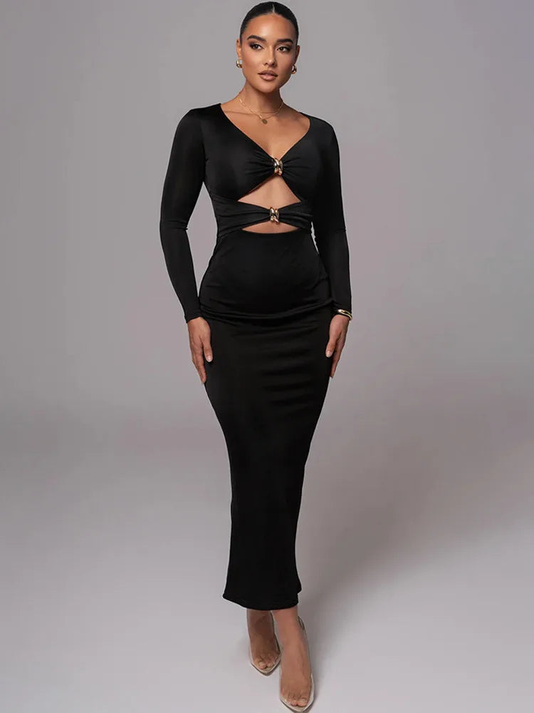 Hollow Long Sleeve Bodycon Midi Dress - View 2 | VelvetHem