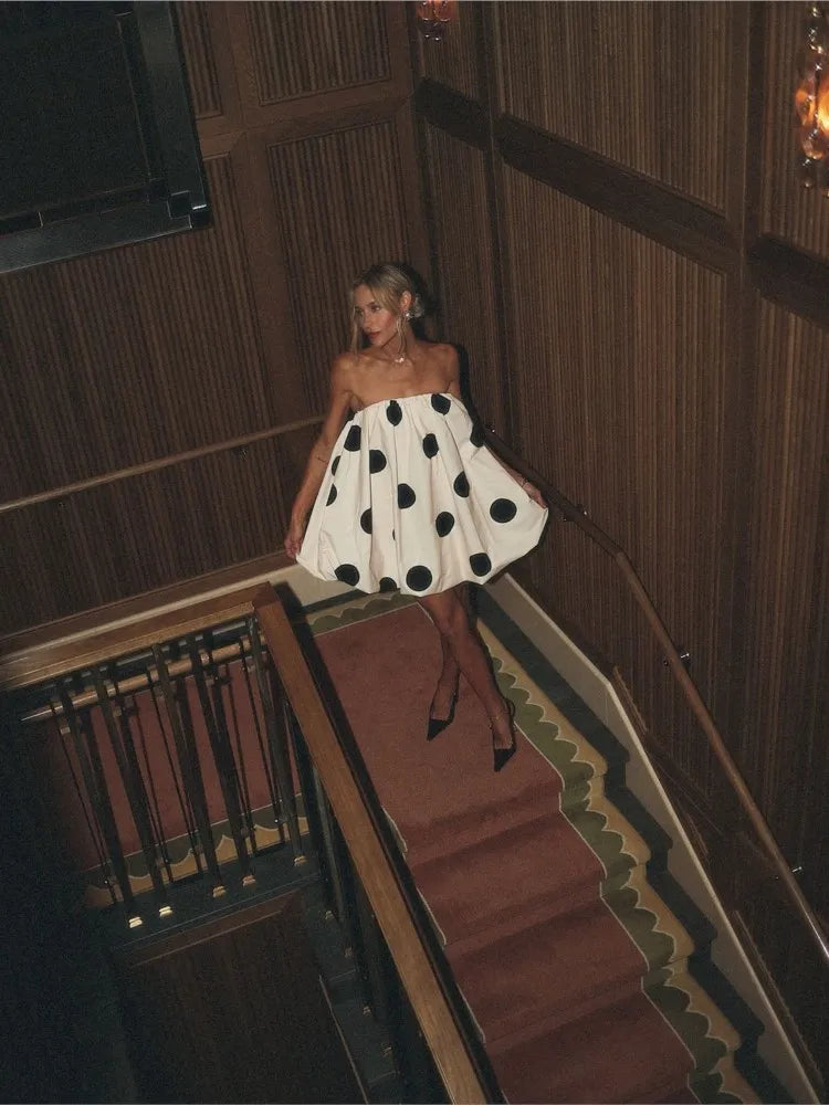Polka Dot Strapless Pleated Party Dress - View 5 | VelvetHem