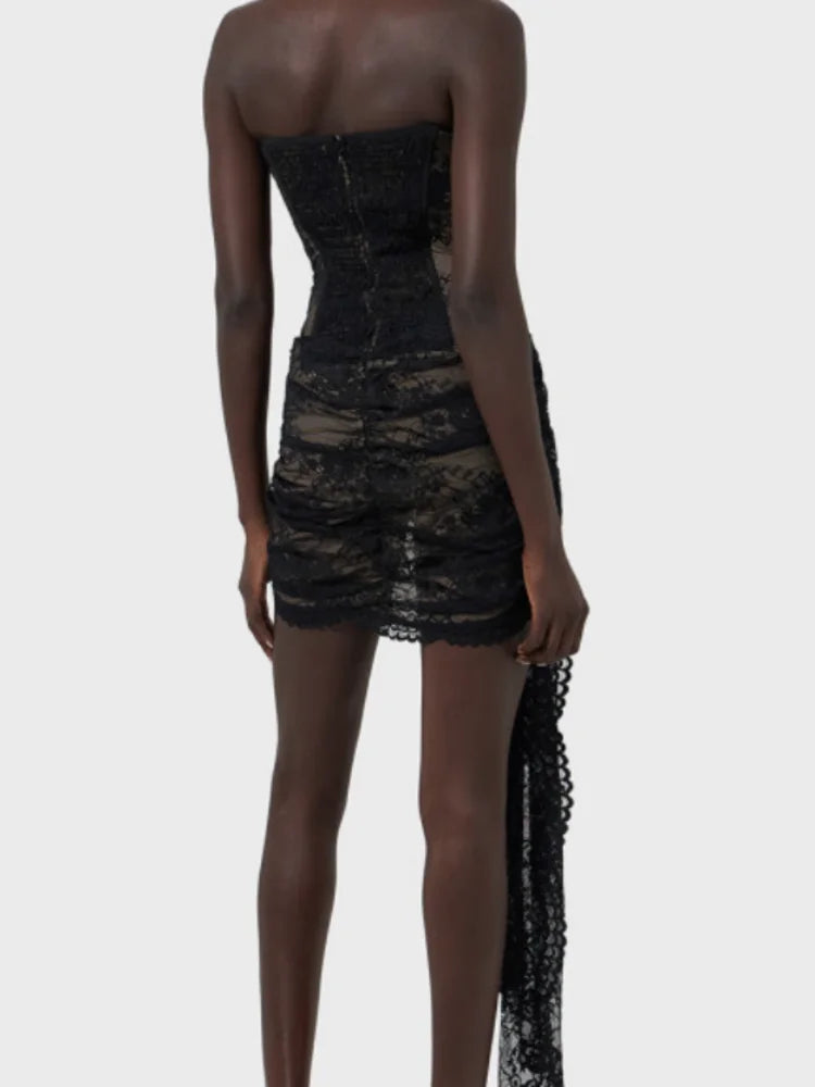 Lace-Up Corset Folds Draped Mini Lace Dress - View 6 | VelvetHem