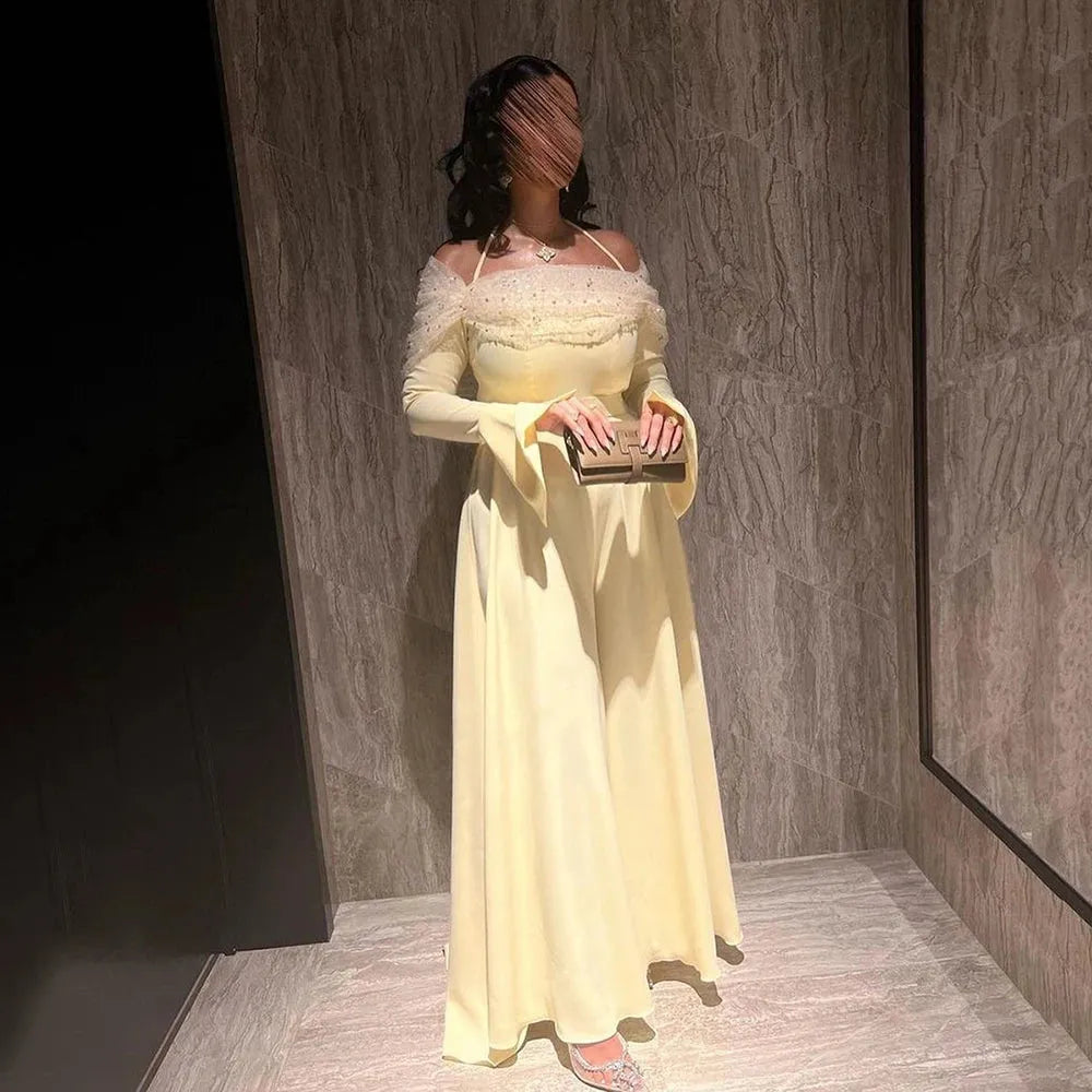 Yellow Evening Dresses Chiffon Off The Shoulder Pleats Prom Dresses Arabic Women's Formal Party Dresses Yellow