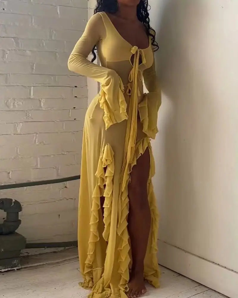 Summer Slim - Fit See - Through V - Neck Long Sleeve Dress