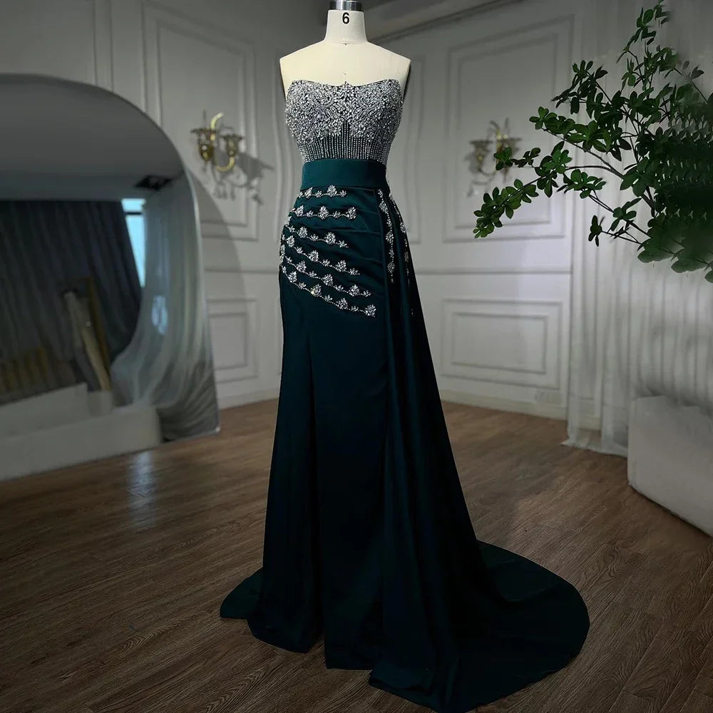 Zapdress Customized Nude Strapless Mermaid High Split Evening Dresses with Skirt Beaded Party Gowns For Women 2025 (ZD17205)