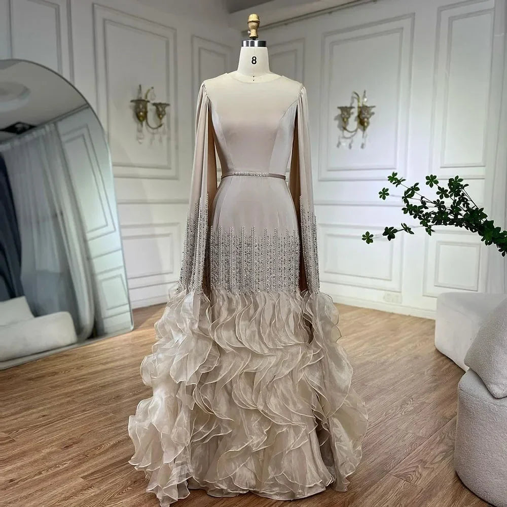 Zapdress 2025 Champagne Mermaid Luxury Cape Sleeves Beaded Satin Saudi Evening Dresses Gowns for Party DLA72317A Customized (ZD17235)