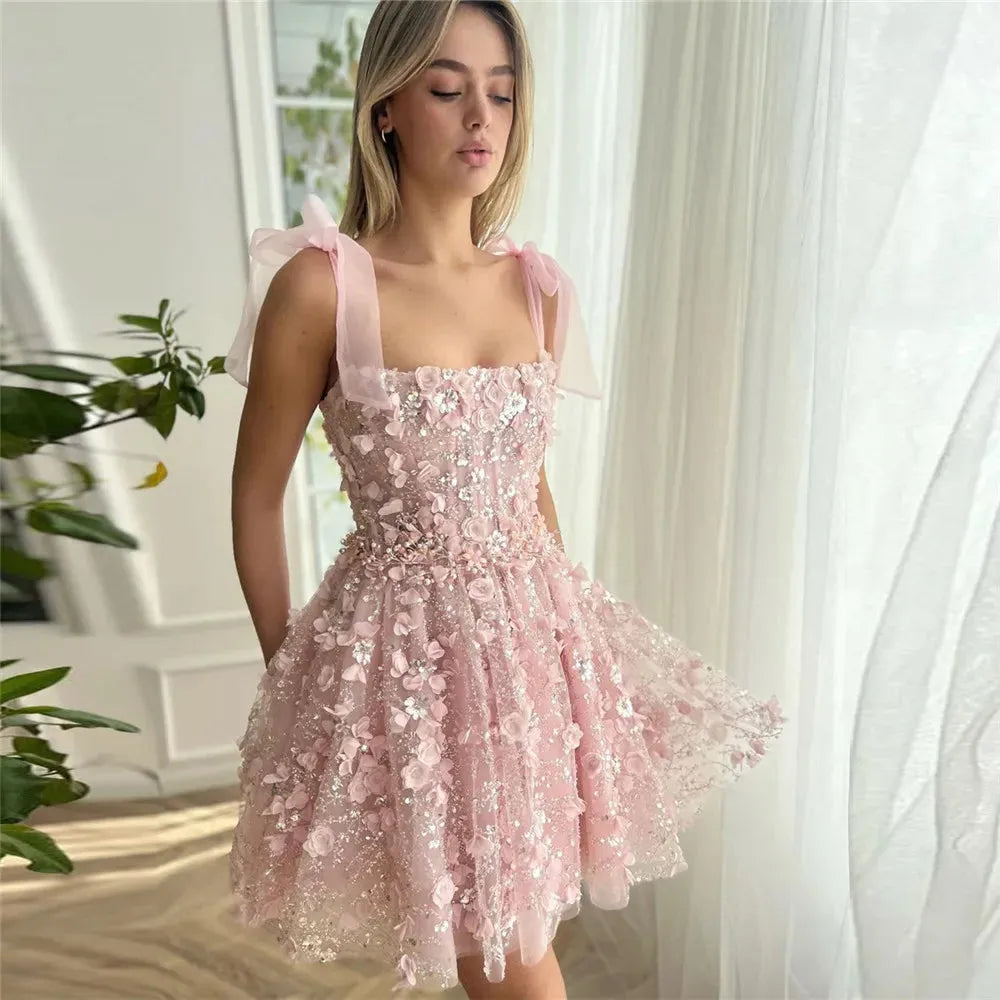 Fairy Pink Prom Dresses 3D Flowers Spaghetti Strap Pleat Ruched Above Knee Homecoming Dresses vestidos de graduación Pink