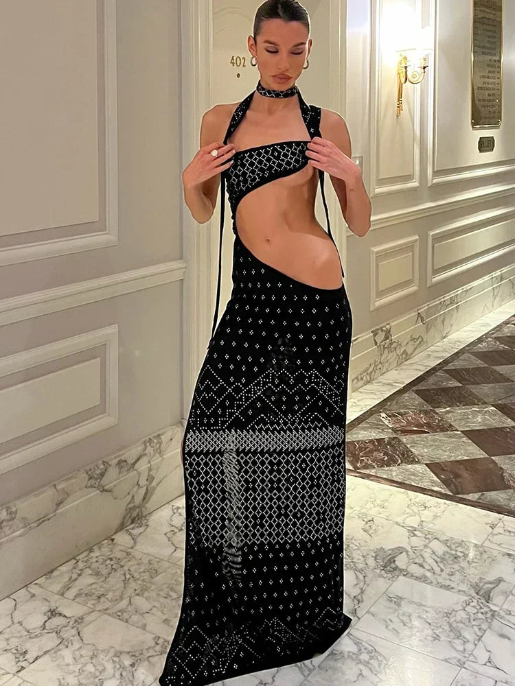 Drop Print Halter Backless Party Dress - VelvetHem