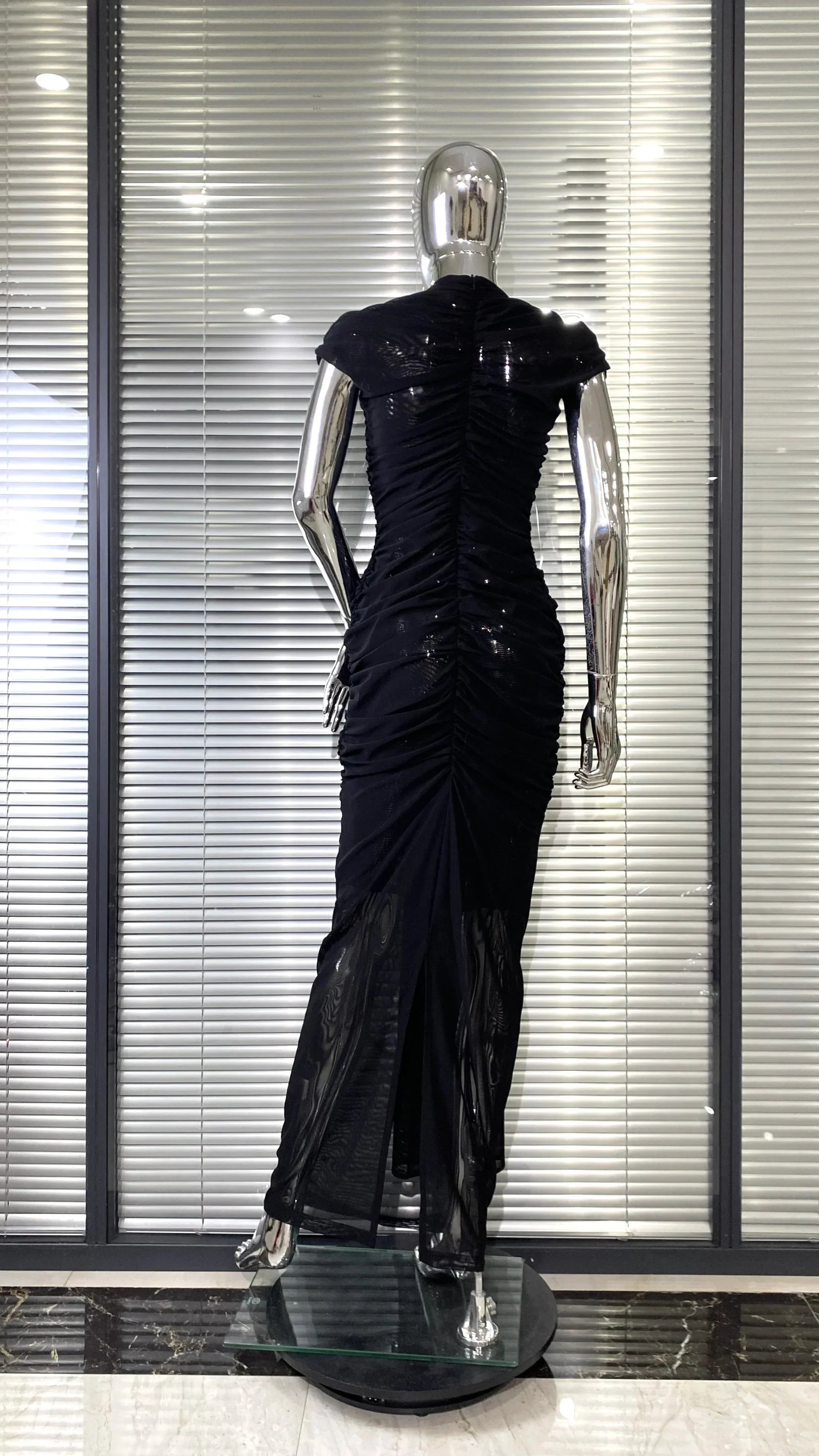 Sexy Hollow Out SeeThrough Mesh Ankle Leng Evening Dress Fashion Woman Birthday Party Vestido Celebrity Evening Party Outfit