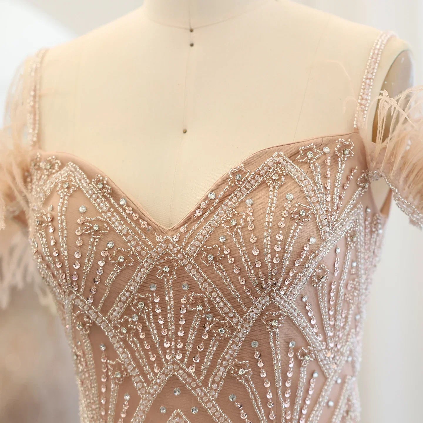 Feathers Beaded Long Prom Formal Gowns