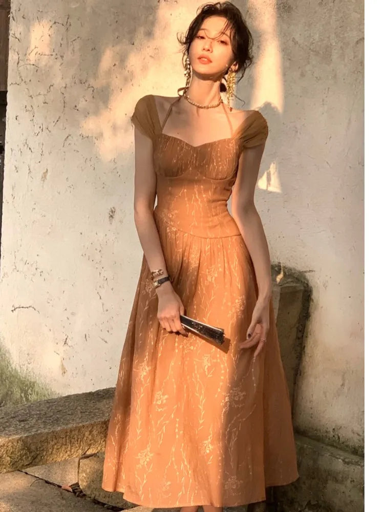 Vintage Midi Dress For Women Summer Elegant Prom Evening Party Vestidos Fashion Female Clothing Office Ladies Dresses