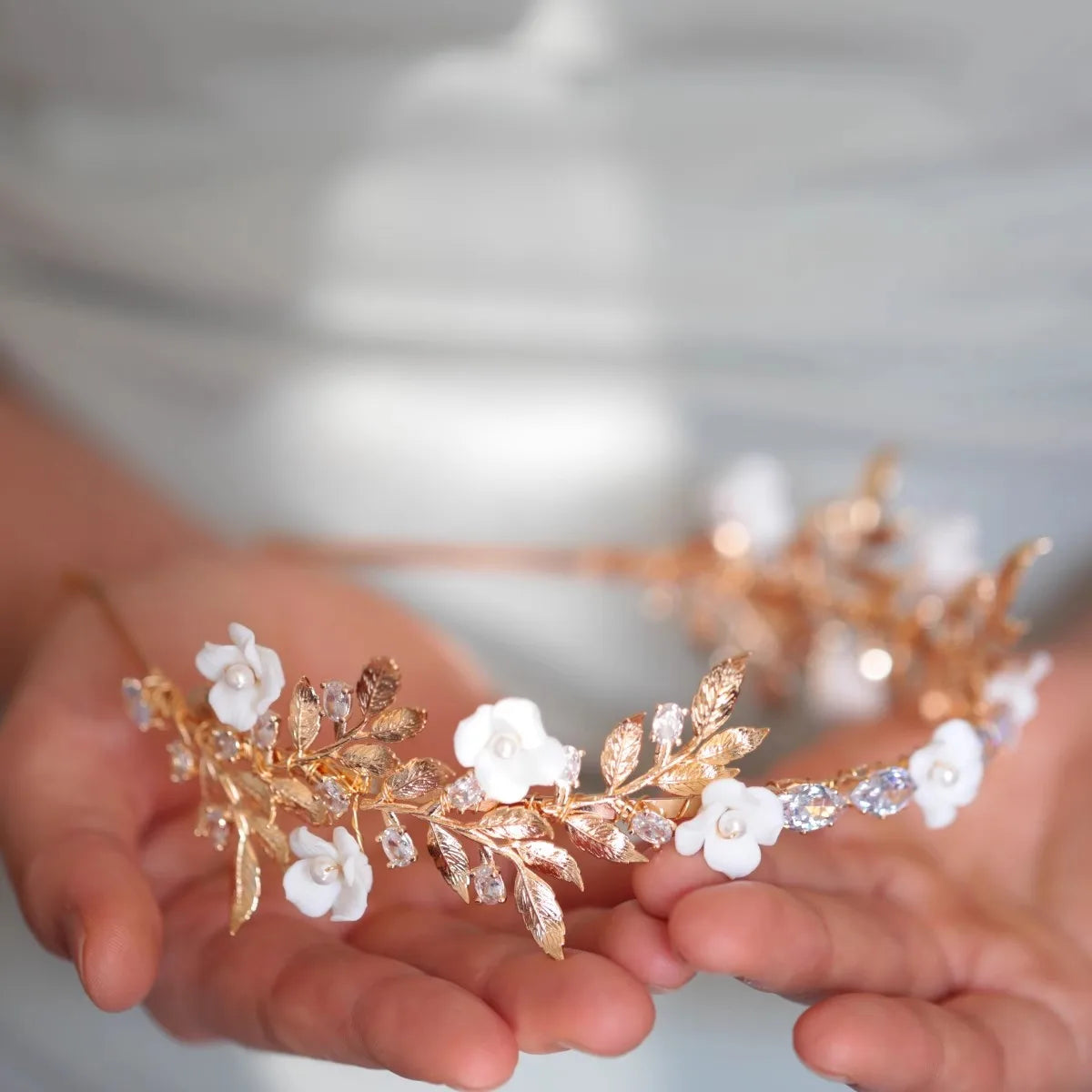 Bridal Hair Jewelry Porcelain Flower Headband Tiara Gold Color Leaf Headpiece For Brides Rhinestones Crown Wedding Accessories - View 3 | FashionDia