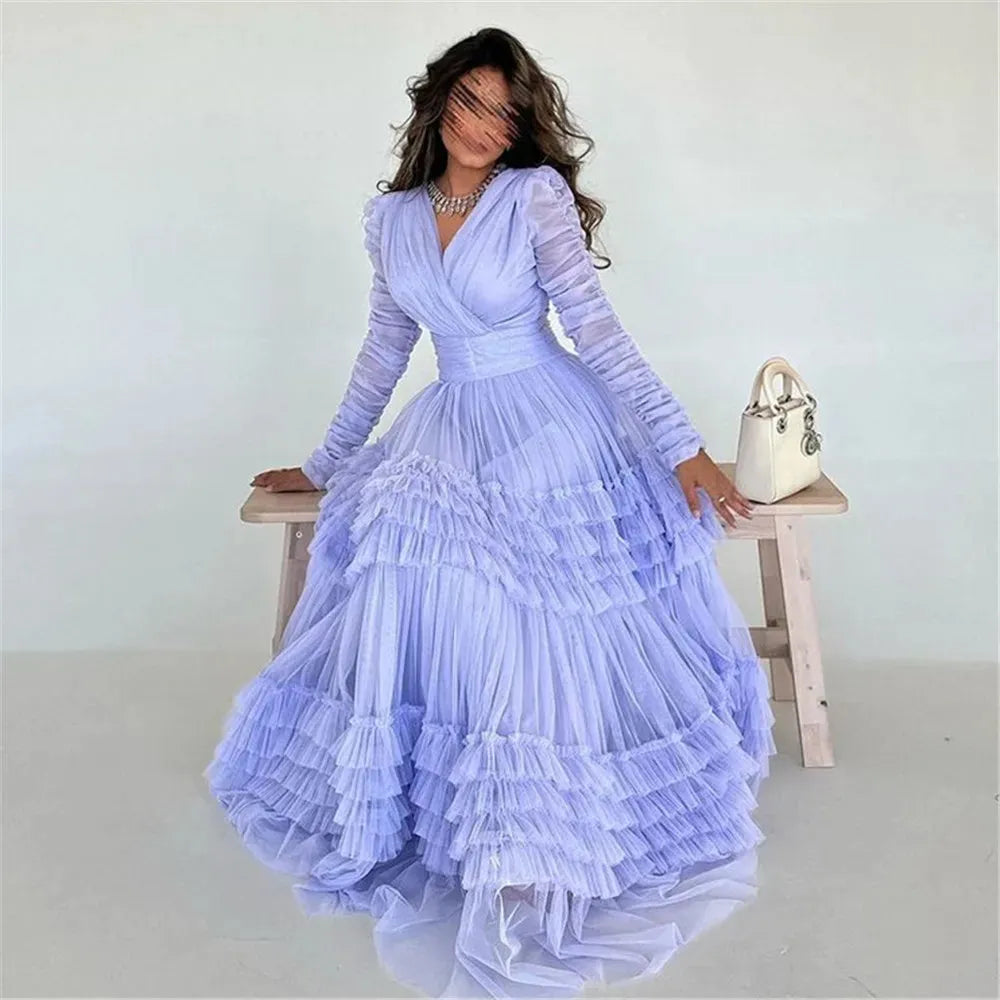 Elegant Arabia Tulle Prom Dress A-Line Long Sleeves Tiered Ruffles Pleat Floor Length Evening Dress vestidos de gala As Picture