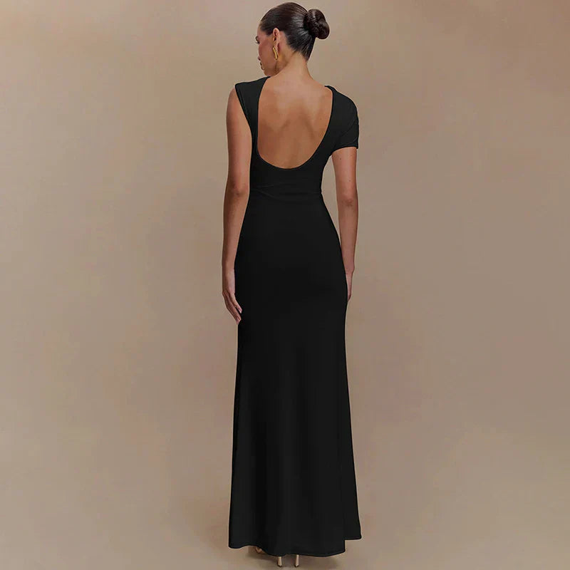 Hollow Out Metal Buckle Solid Short Sleeve Long Dress