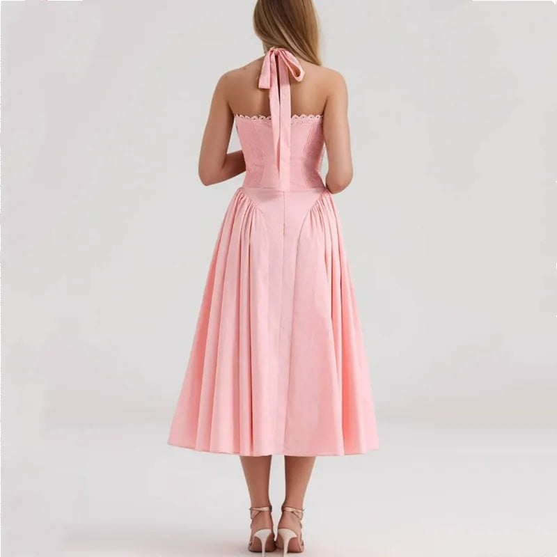 Corset Style Bow Halter Spliced Lace Midi Dress