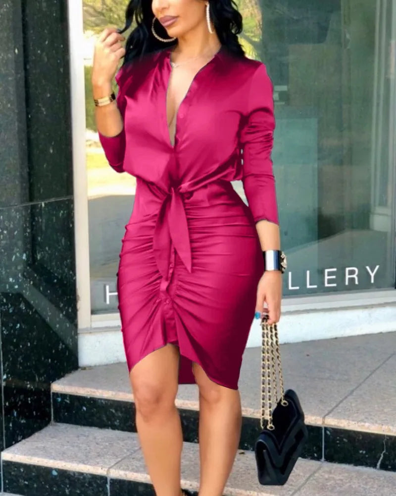 Deep V Neck Long Sleeve Bodycon Work Dress - View 2 | VelvetHem