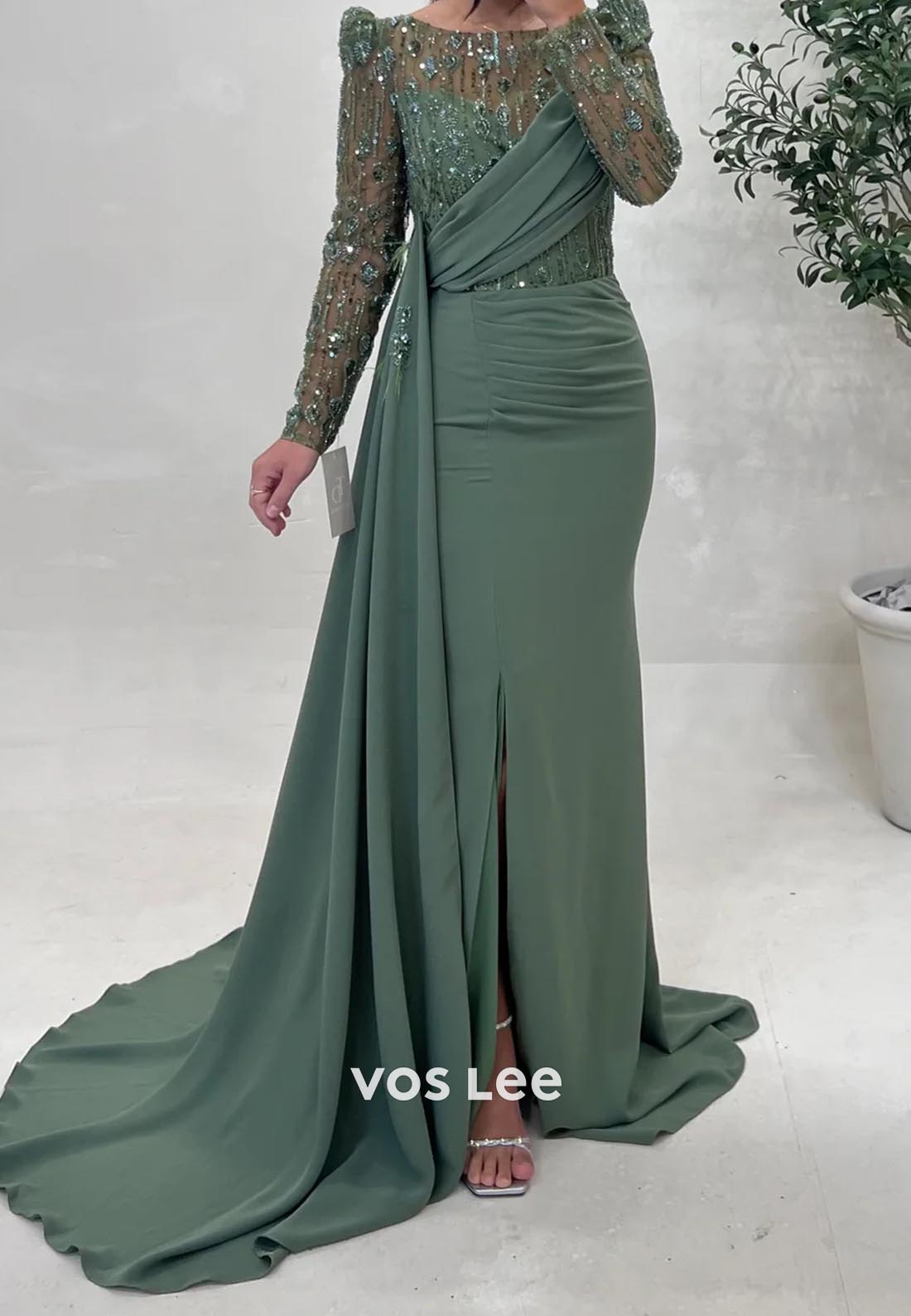 Sheath Sweep Train Scoop Pleated Beading Formal Evening Dresses