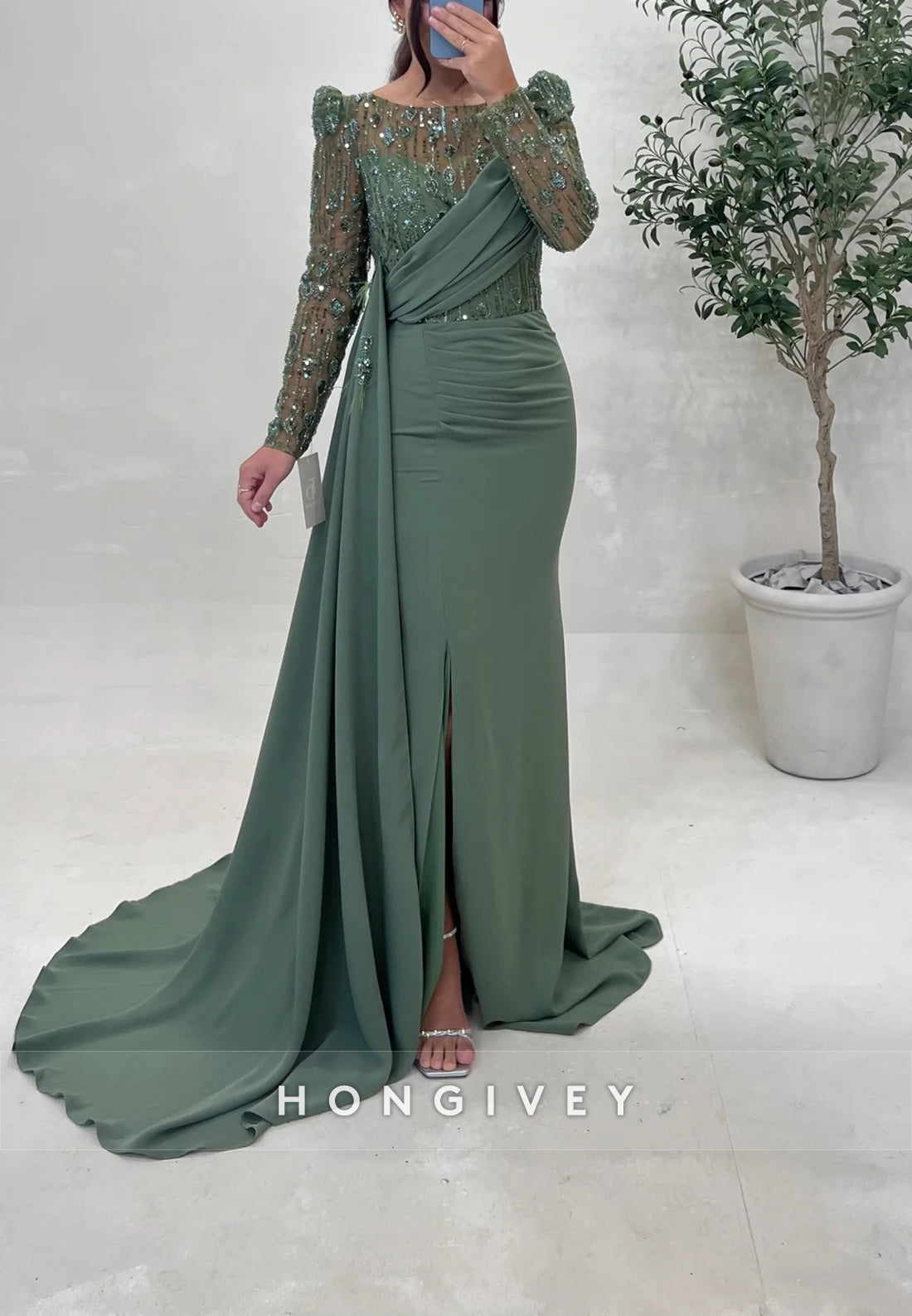 Sheath Sweep Train Scoop Pleated Beading Formal Evening Dresses