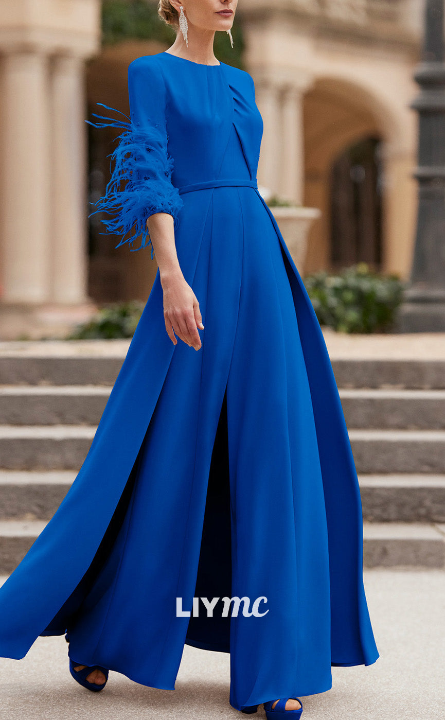 M1188 - Scoop Long Sleeves Feathered Jumpsuit Chiffon Mother of Bride Cocktail Dress