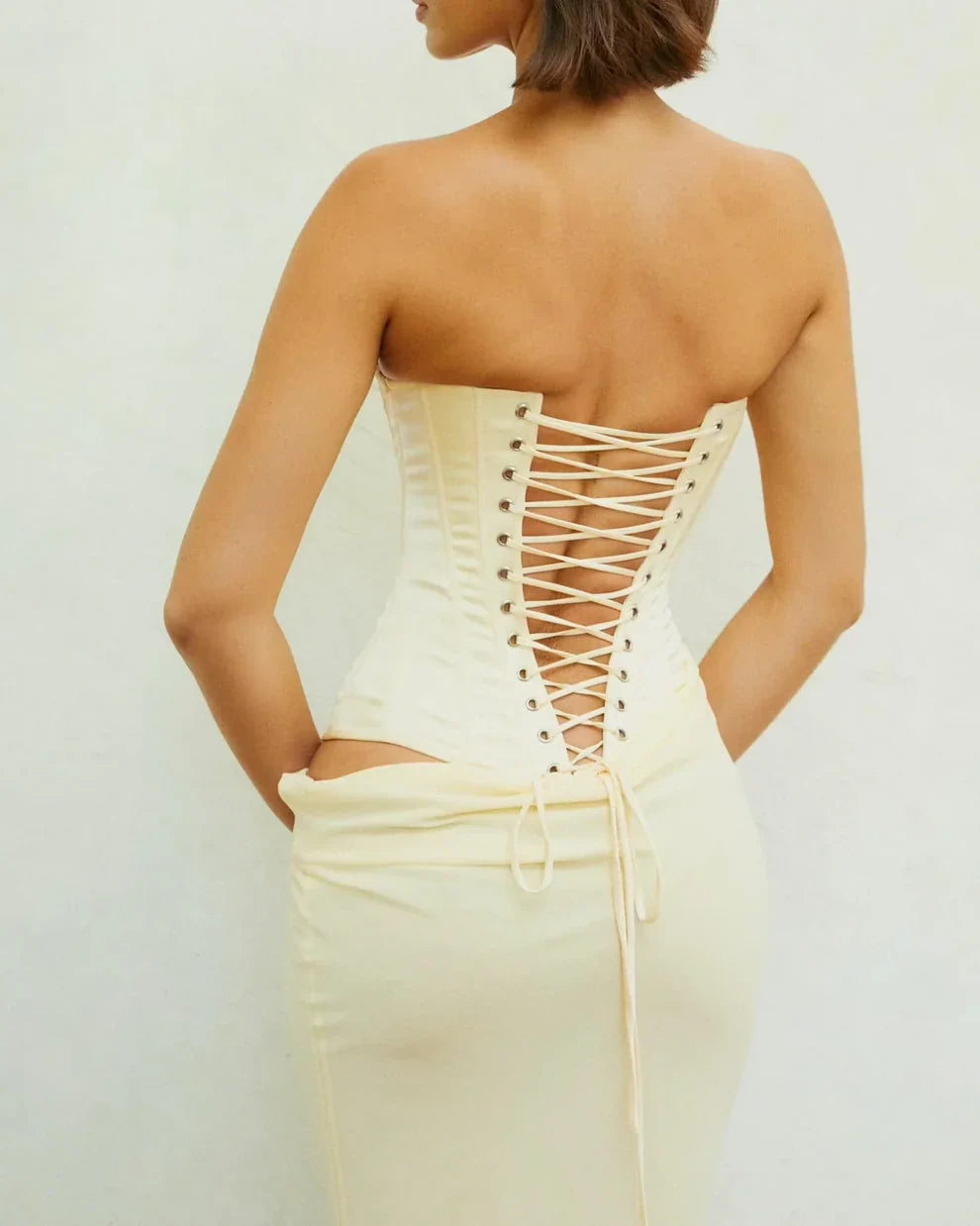 Simple Light Yellow Mermaid Boned Corset Satin Long Prom & Evening Dress - View 9 | FashionDia
