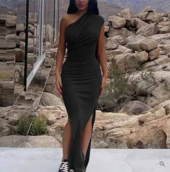 Elvia Effortless Cocktail Dress with Side Slit and One Shoulder Straps Designer Edit
