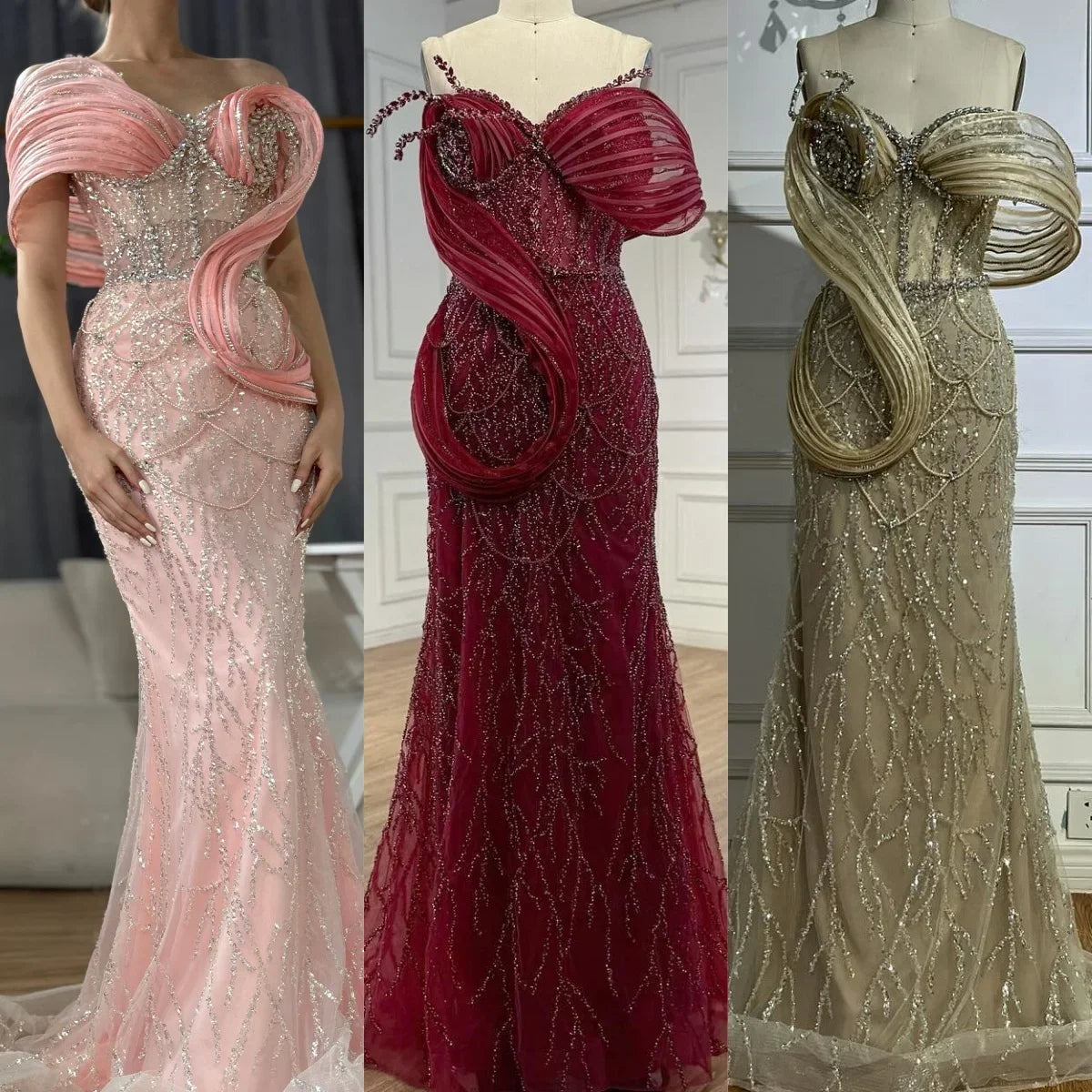 Zapdress Wine Red Mermaid One Shoulder Beaded Cut Out Evening Dresses Classic Party Gowns for Women DLA72455 Customized (ZD17246)