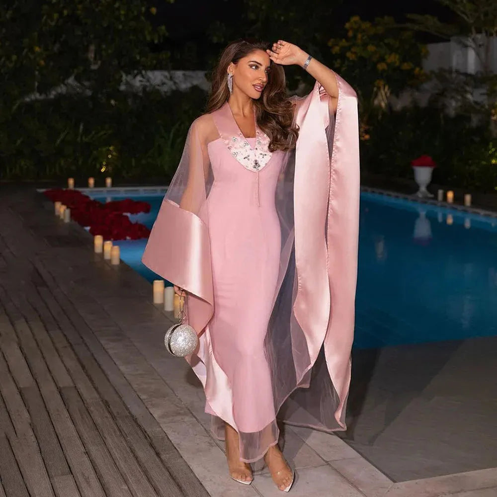 Arabic Pink Evening Dresses With Detachable Cape Crepe Mermaid Special Occasion Dresses For Women Party Prom Gown