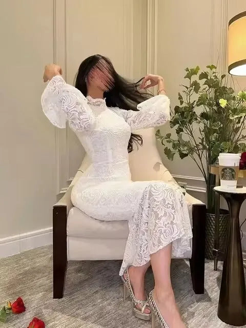 White Mermaid Lace Evening Dresses Saudi Arabic Long Sleeves Tea-Length Midi Formal Prom Gowns Party Women Outfits