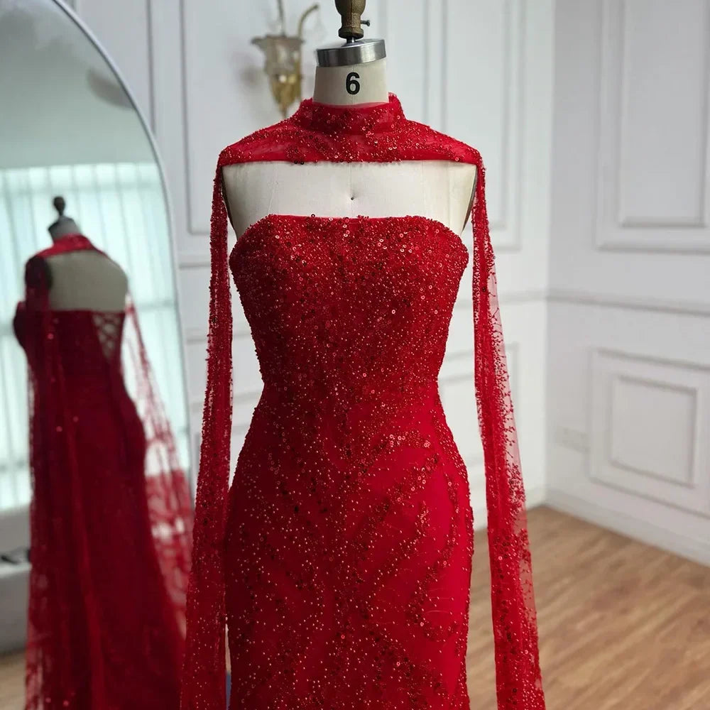 Zapdress Red Mermaid Detachable Cape Sleeves Evening Dresses with Lace Up Back Party Gowns for Women DLA72824 Customized (ZD17177) - View 2 | VelvetHem