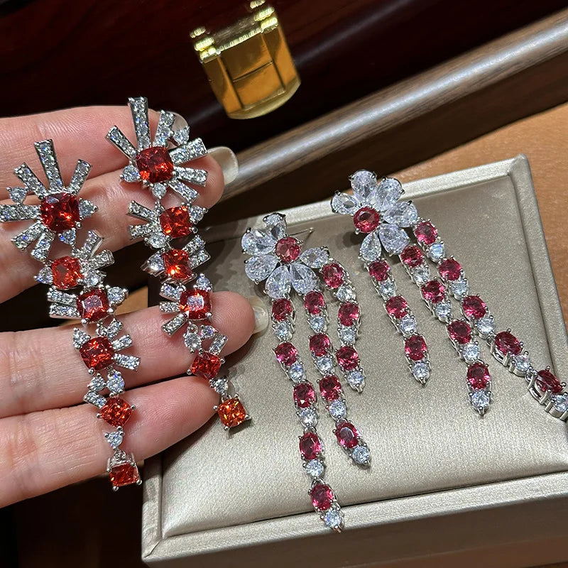 Vintage Red AAA Zircon Bridal Earrings Cubic Zirconia Wedding Earring Brides Accessories Dinner Party Dress Jewelry - View 4 | FashionDia