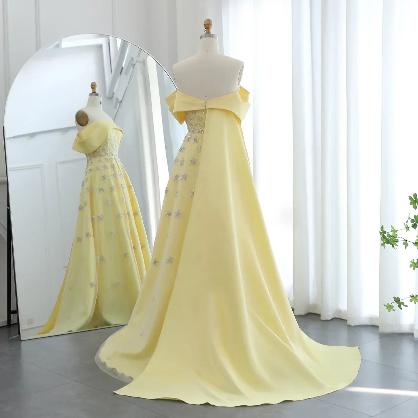 Yellow Satin Evening Gown with Cape