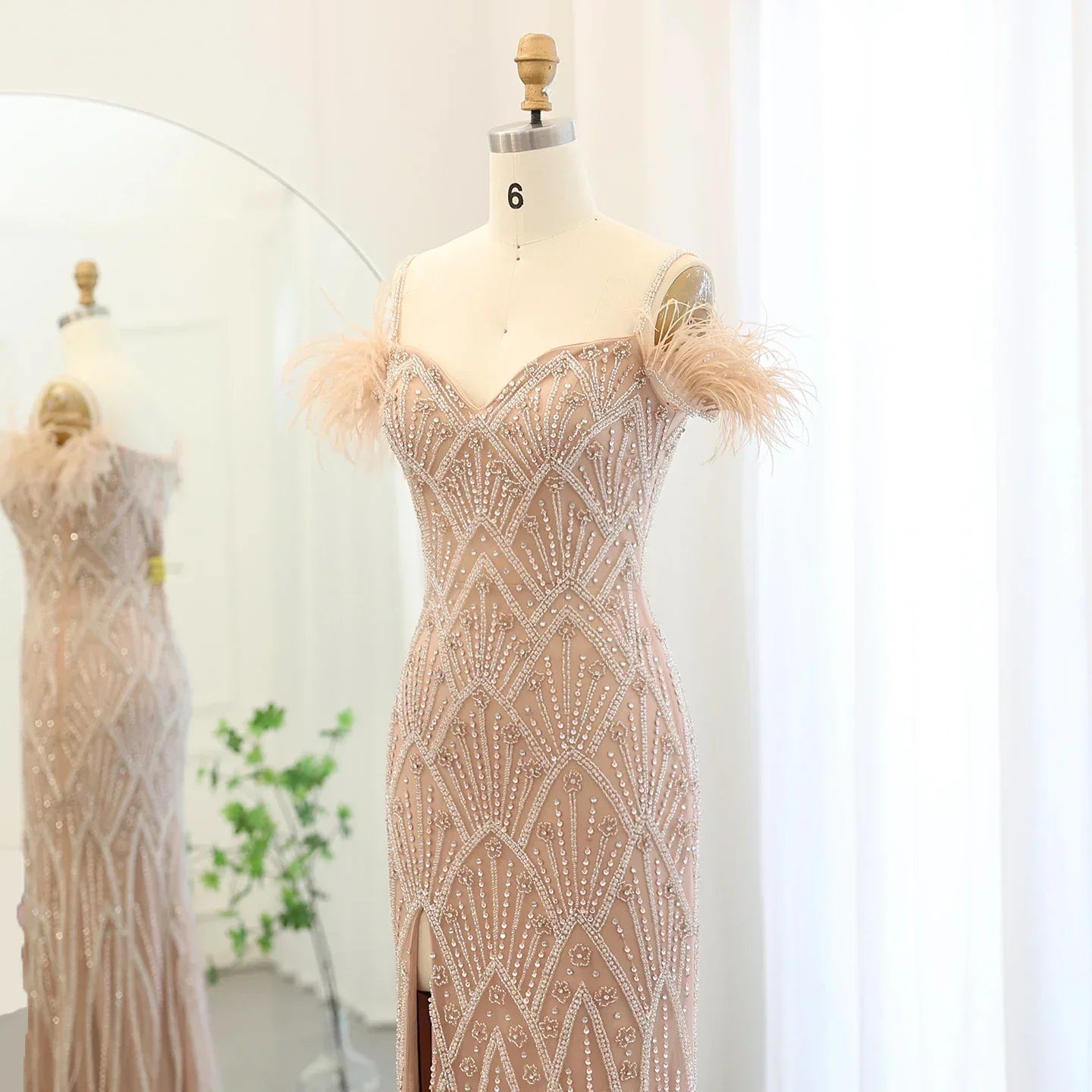 Feathers Beaded Long Prom Formal Gowns