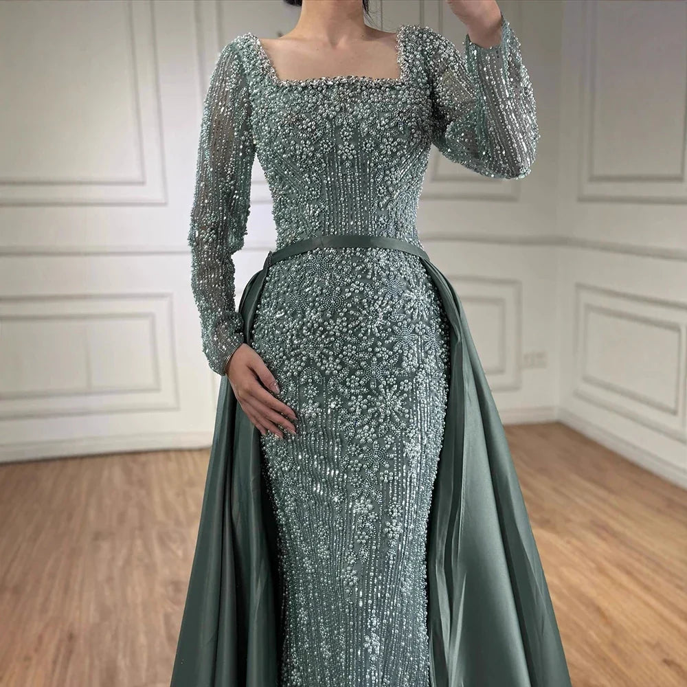 Zapdress Turquoise Square Collar Mermaid Beaded Evening Dress Overskirt Party Gowns with Long Sleeves Customized DLA72533A (ZD17193)