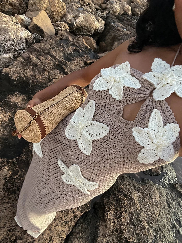 Knit Crochet Flower Applique Halter Maxi Dress