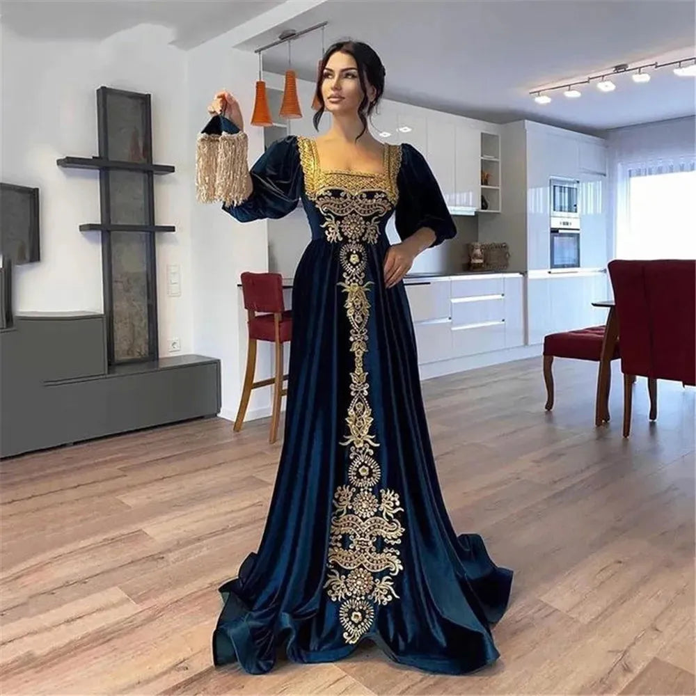 Elegant Navy Blue Mermaid Kaftan Evening Dress Square Collar Lace Appliques Prom Gown Floor Length Algerian Outfit Purple