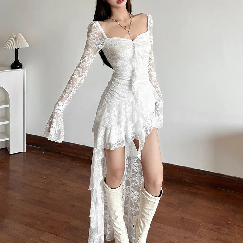 Flare Sleeve Square Neck A-Line Lace Dress