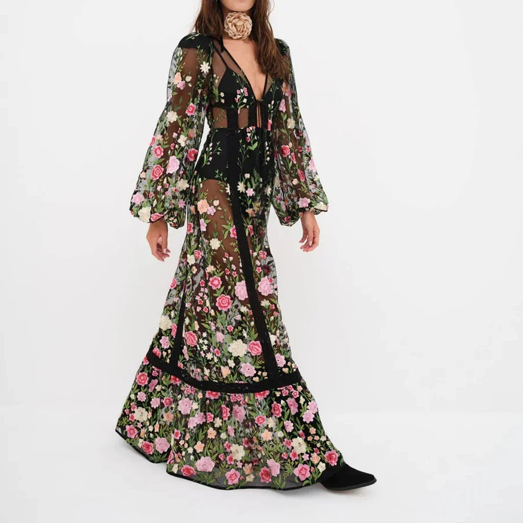 Sheer Lace Embroidery Floral Dress - View 5 | VelvetHem