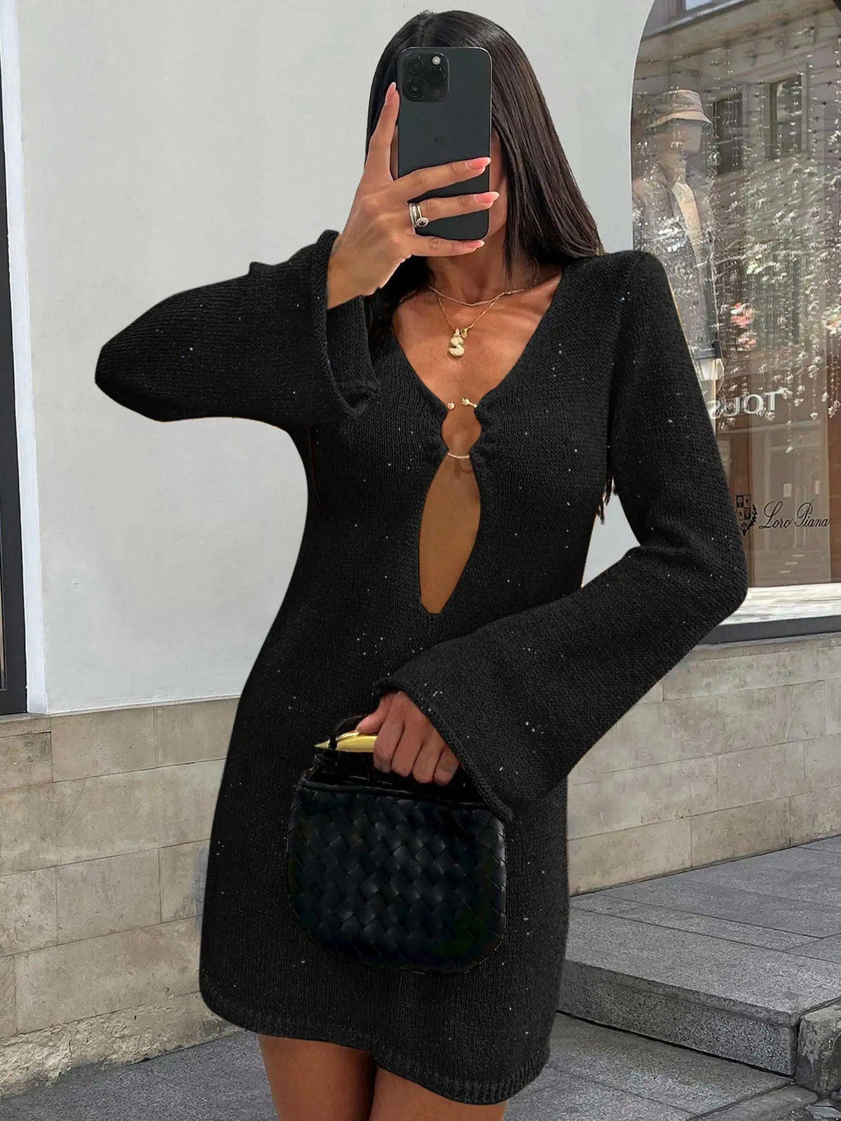 Knitted Flared Sleeve V Neck Mini Dress - View 6 | VelvetHem