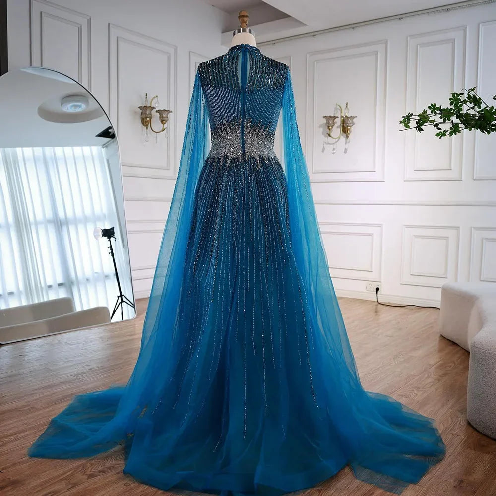 Elegant Modest Blue Beaded Evening Dress with Cape Sleeves Dubai Gown Zapdress 2025 Customized (ZD17239)