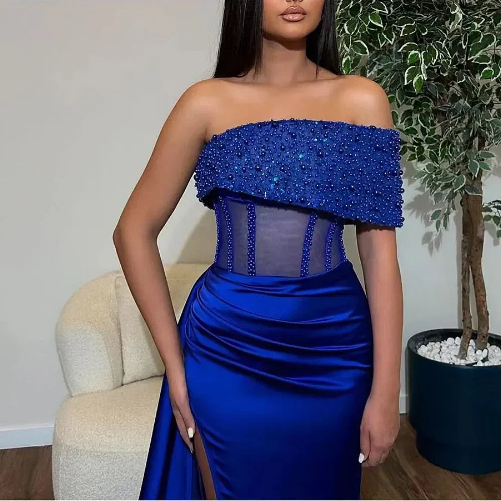 Blue Satin A-Line Prom Dress - View 2 | VelvetHem