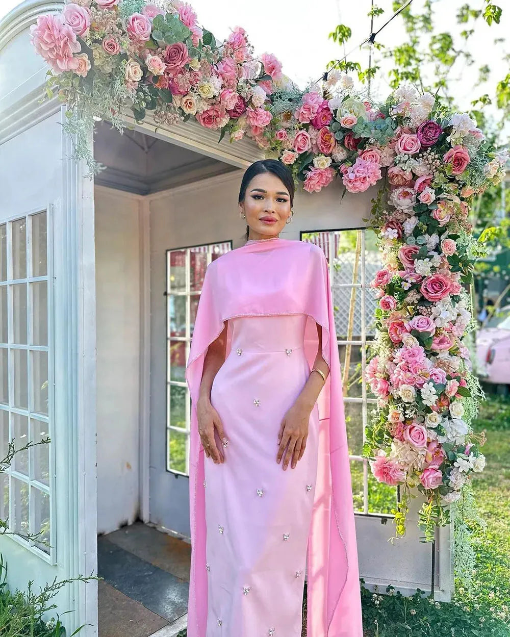 Pink Evening Dress With Cape Ankle Length Prom Dress Garden Formal Occasion Prom Gowns For Women Vestidos