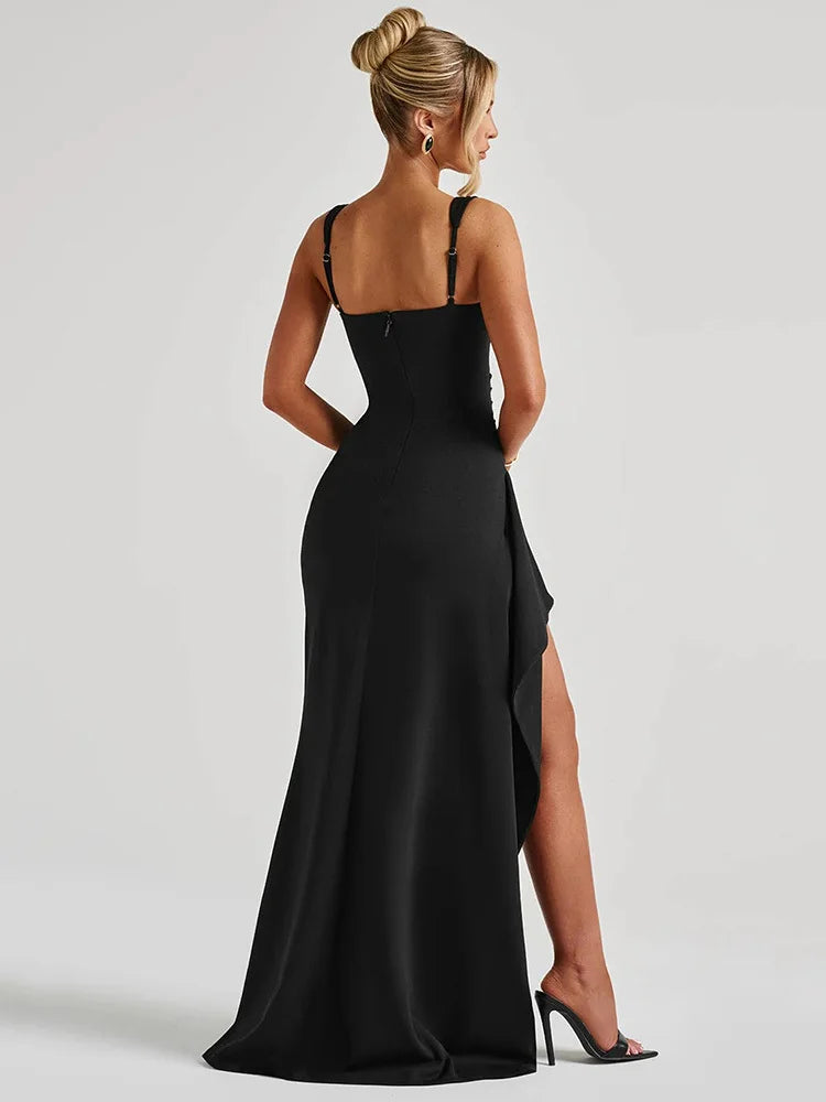 Black Spaghetti Strap Thigh High Split Long Dress