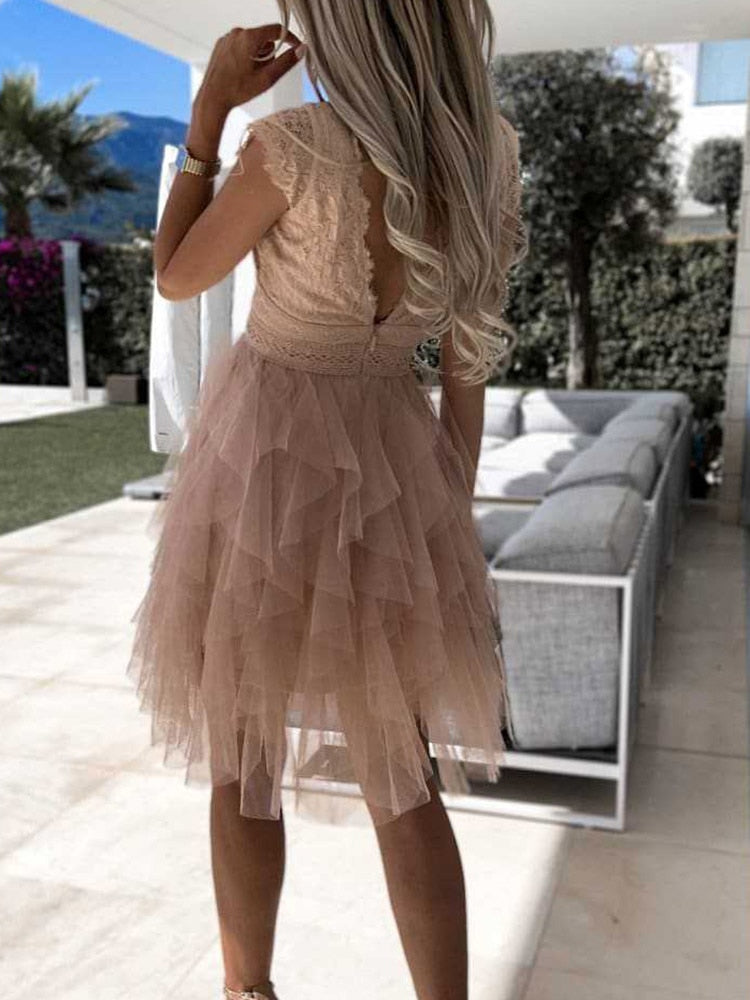 Lace Patchwork Asymmetrical White Dress Femme Sleeveless Slim Fit Party