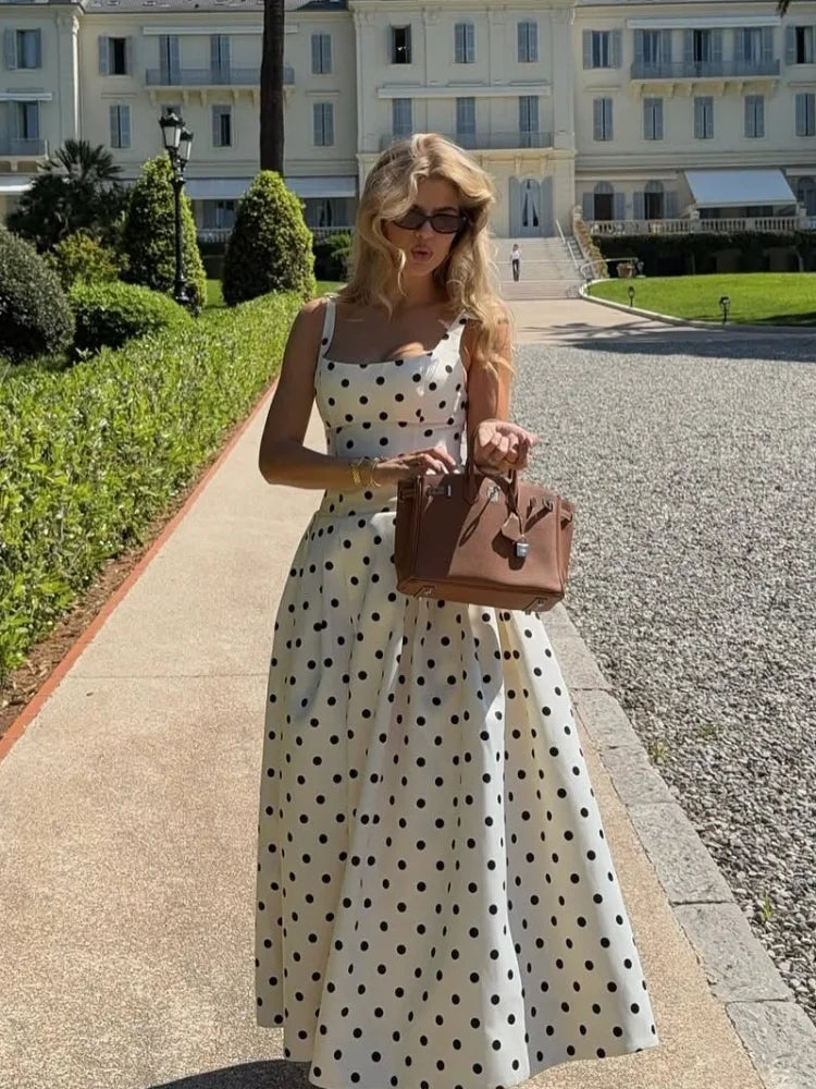 Polka Dot Square Neck Lotus Hem Silk Dress