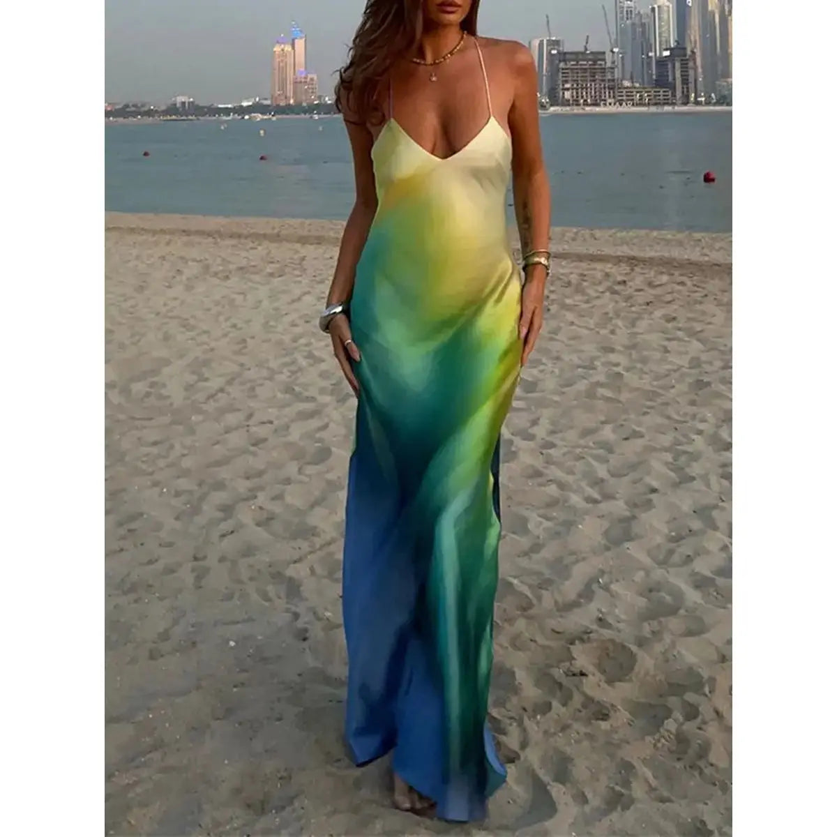 Gradient Cami V-neck Backless Maxi Dress - VelvetHem