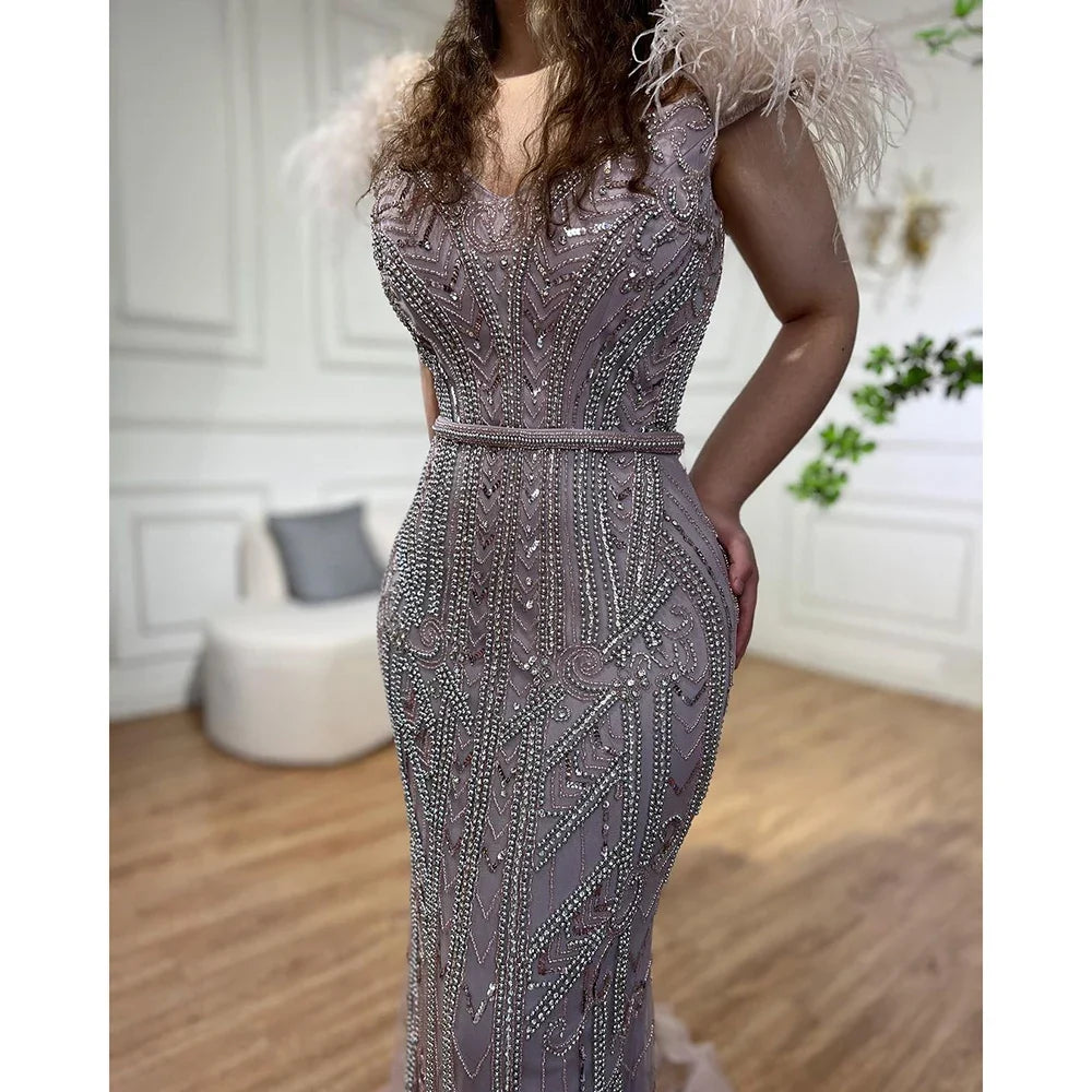 Zapdress Customized Lilac Feathers Beaded Mermaid Evening Dresses 2025 Elegant Party Gowns for Women (ZD17297)