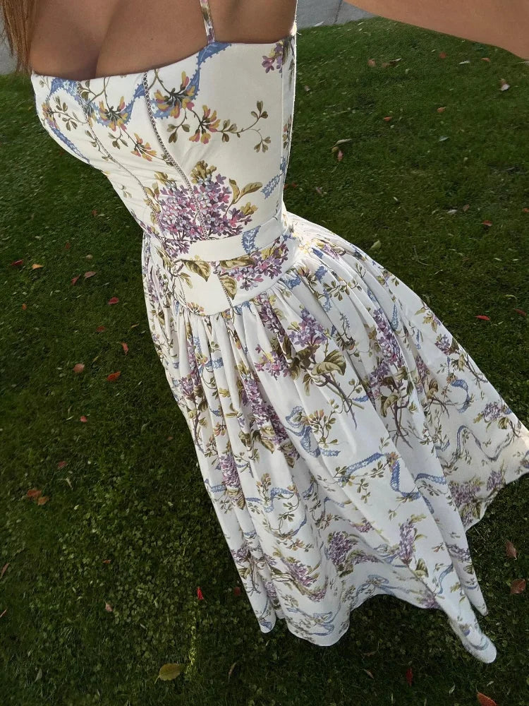 Pleated Sleeveless Backless Floral Dress - View 3 | VelvetHem